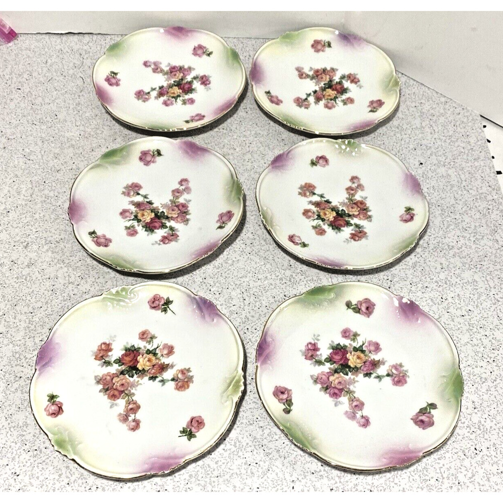 Art Nouveau Germany dessert bread plates set of 6 pink & yellow flowers romantic